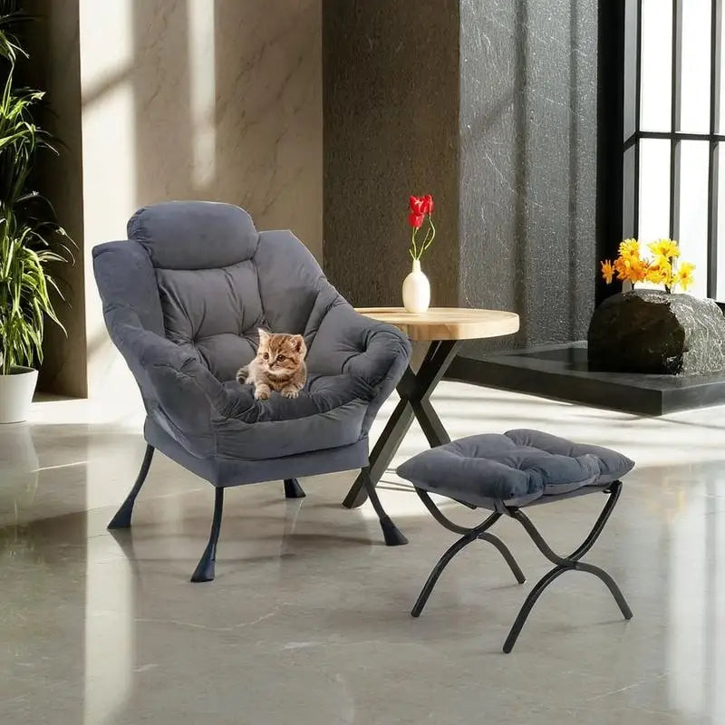 Poltrona pigra imbottita in cotone moderno con pouf pieghevole