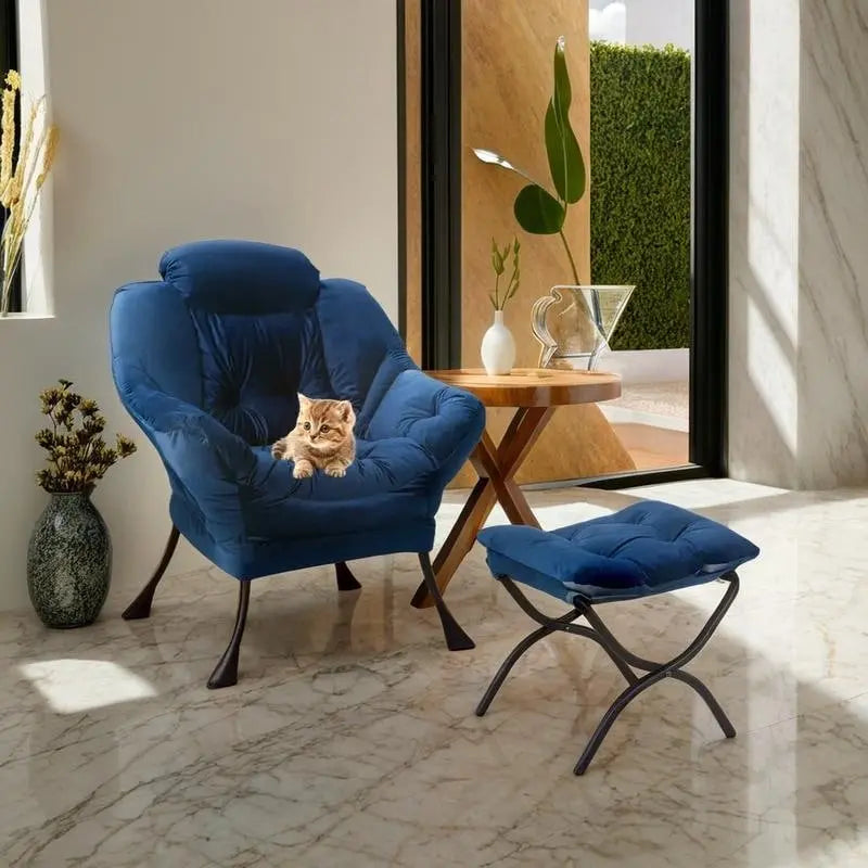 Poltrona pigra imbottita in cotone moderno con pouf pieghevole