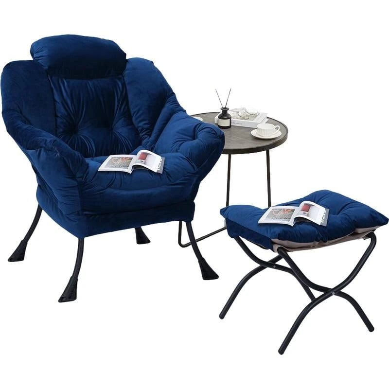 Poltrona pigra imbottita in cotone moderno con pouf pieghevole