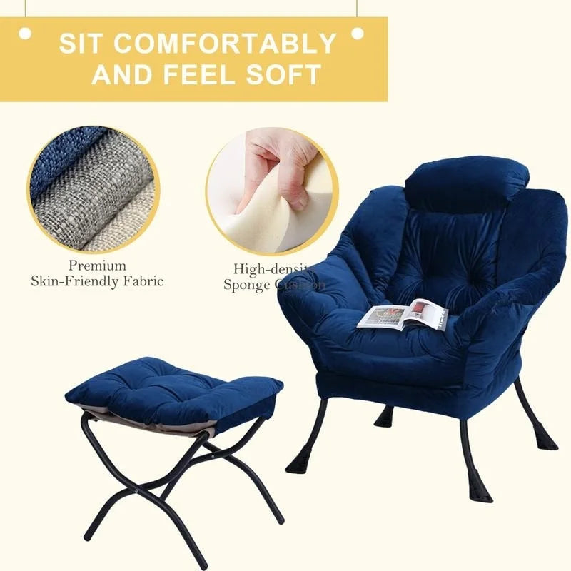 Poltrona pigra imbottita in cotone moderno con pouf pieghevole