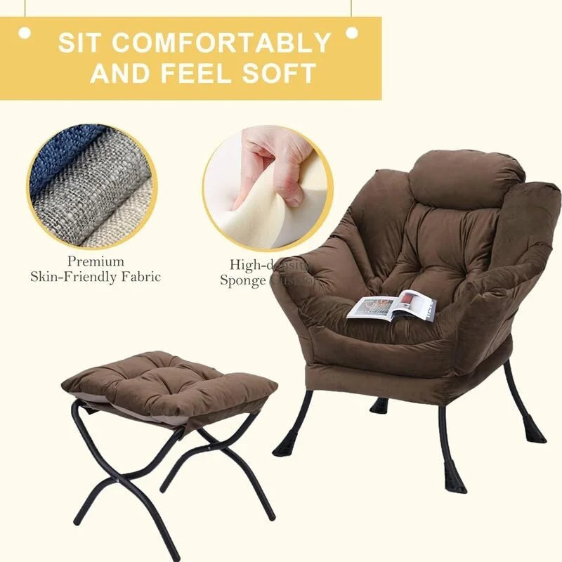 Poltrona pigra imbottita in cotone moderno con pouf pieghevole