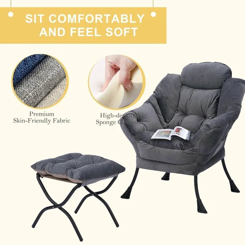 Poltrona pigra imbottita in cotone moderno con pouf pieghevole