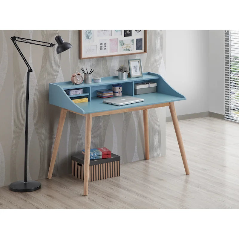 Scrivania computer da scrittura moderna di metà secolo con mensole a credenza e 4 gambe in legno per piccolo ufficio domestico o sala studio