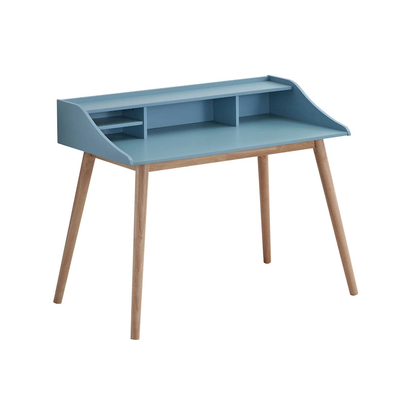 Scrivania computer da scrittura moderna di metà secolo con mensole a credenza e 4 gambe in legno per piccolo ufficio domestico o sala studio