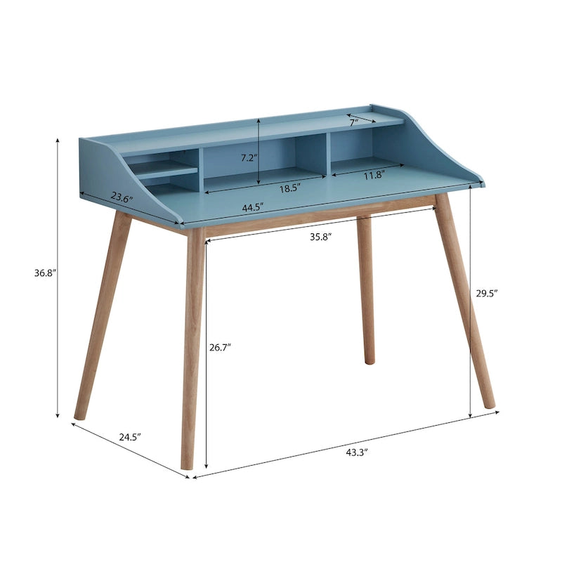 Scrivania computer da scrittura moderna di metà secolo con mensole a credenza e 4 gambe in legno per piccolo ufficio domestico o sala studio