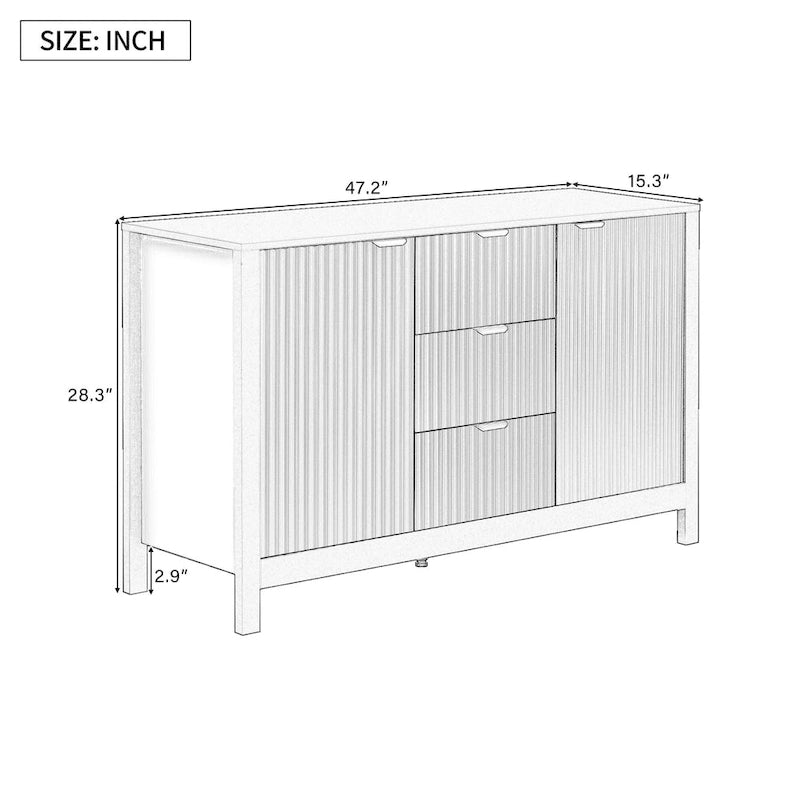Mobiletto da ingresso con design a onde - 3 ripiani regolabili, 3 cassetti e ante con chiusura ammortizzata, tavolo consolle con maniglie in metallo