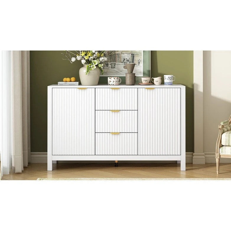 Mobiletto da ingresso con design a onde - 3 ripiani regolabili, 3 cassetti e ante con chiusura ammortizzata, tavolo consolle con maniglie in metallo