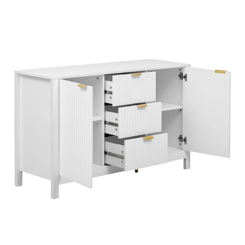 Mobiletto da ingresso con design a onde - 3 ripiani regolabili, 3 cassetti e ante con chiusura ammortizzata, tavolo consolle con maniglie in metallo
