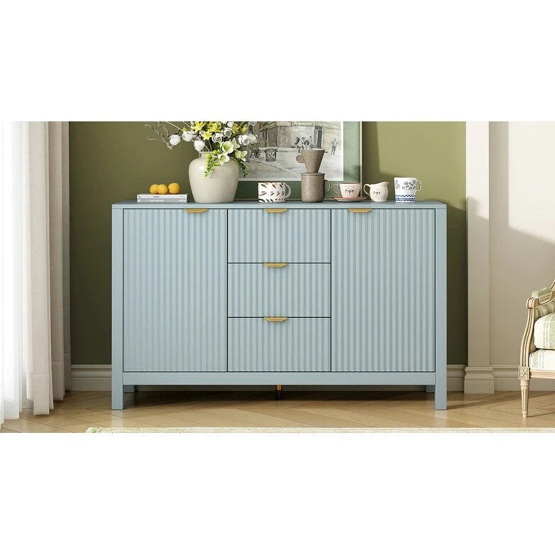 Mobiletto da ingresso con design a onde - 3 ripiani regolabili, 3 cassetti e ante con chiusura ammortizzata, tavolo consolle con maniglie in metallo