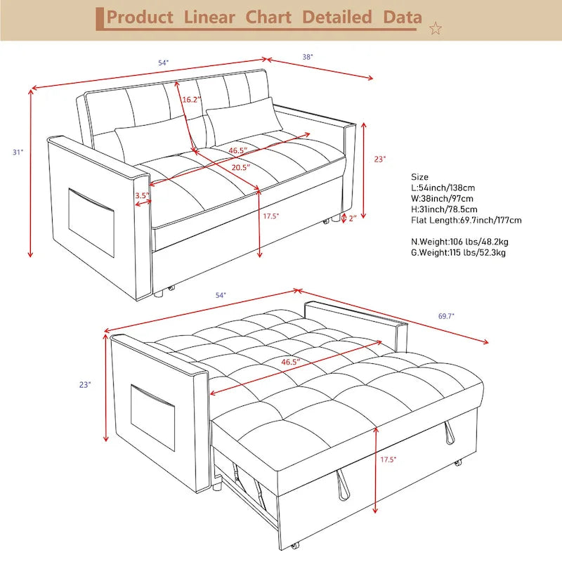 Divano Letto Futon Moderno Convertibile, Schienale Regolabile, Braccioli Porta Oggetti