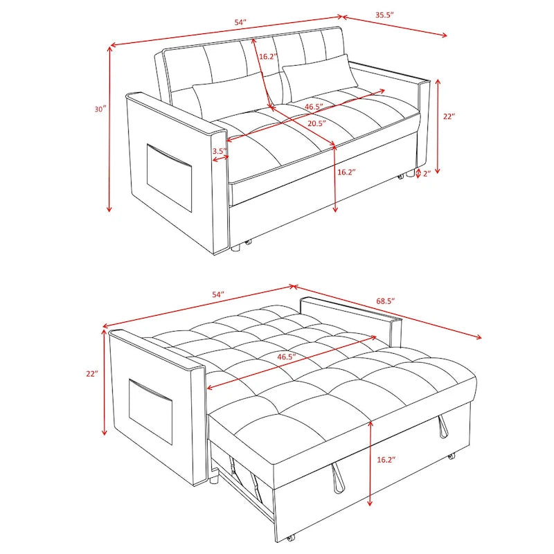 Divano Letto Futon Moderno Convertibile, Schienale Regolabile, Braccioli Porta Oggetti