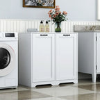 Mobile lavanderia a colonna per bagno con ante e ripiano, cesto biancheria estraibile