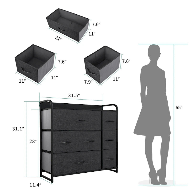 Comò a 7 cassetti multifunzione, mobile contenitore grigio con 7 cassetti