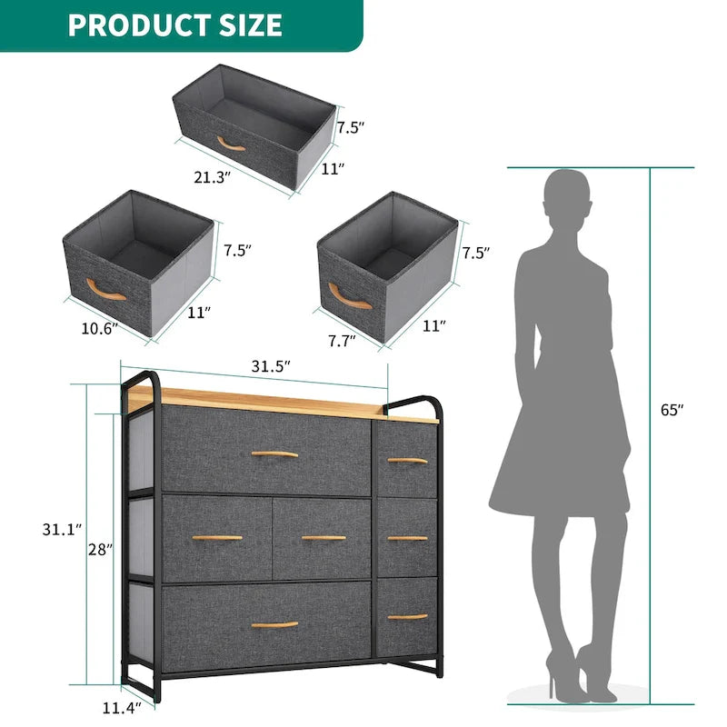 Comò a 7 cassetti multifunzione, mobile contenitore grigio con 7 cassetti
