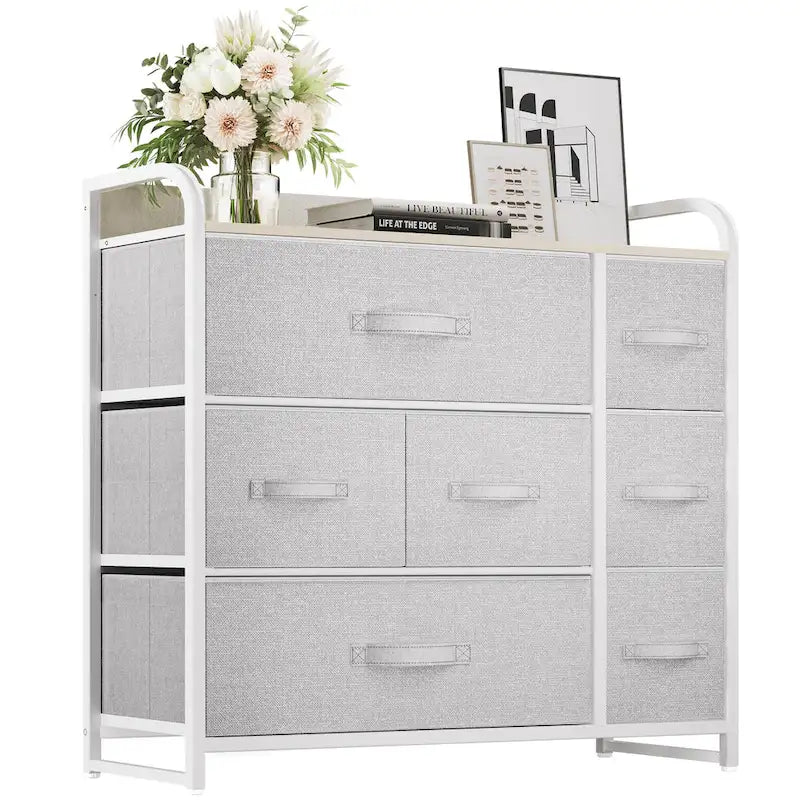 Comò a 7 cassetti multifunzione, mobile contenitore grigio con 7 cassetti