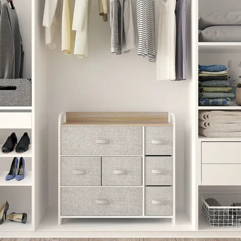 Comò a 7 cassetti multifunzione, mobile contenitore grigio con 7 cassetti