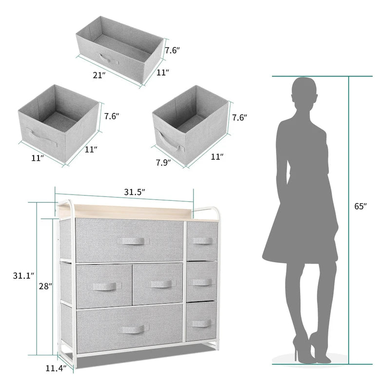 Comò a 7 cassetti multifunzione, mobile contenitore grigio con 7 cassetti