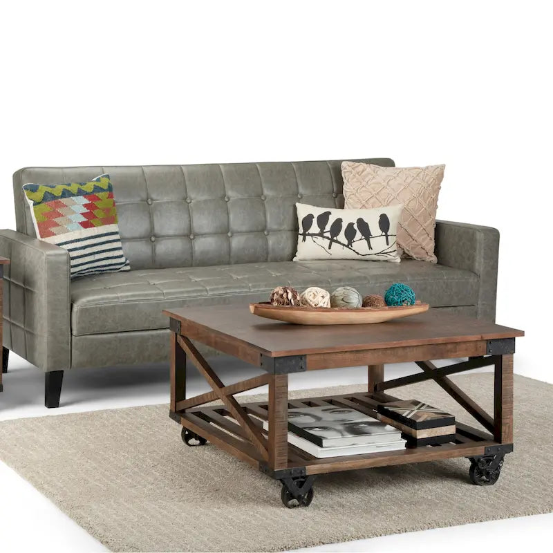 Tavolino quadrato industriale Barrie in legno massello di mango e metallo, larghezza 81 cm, marrone scuro anticato - 81 x 81 x 46 cm