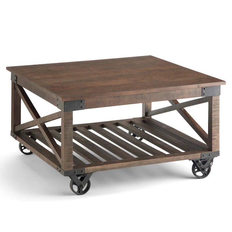 Tavolino quadrato industriale Barrie in legno massello di mango e metallo, larghezza 81 cm, marrone scuro anticato - 81 x 81 x 46 cm