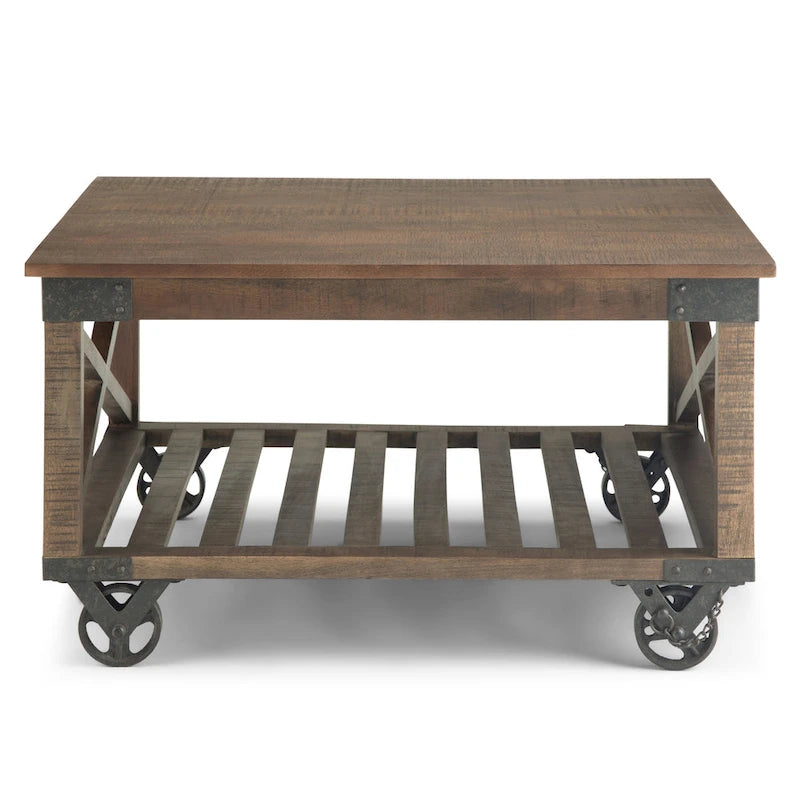 Tavolino quadrato industriale Barrie in legno massello di mango e metallo, larghezza 81 cm, marrone scuro anticato - 81 x 81 x 46 cm