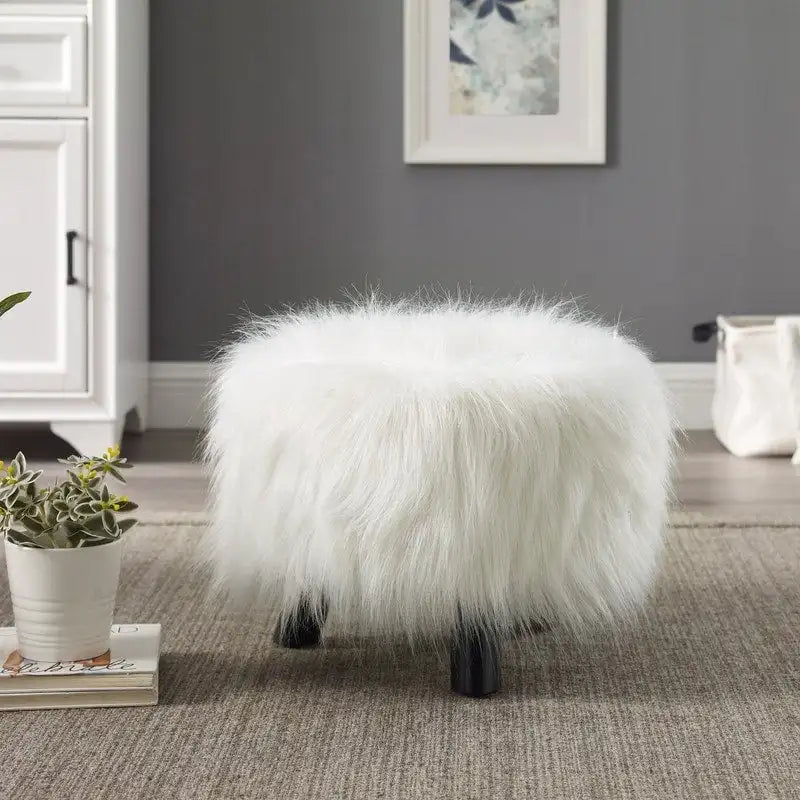   Karlweis White Shag Faux Fur Ottoman
