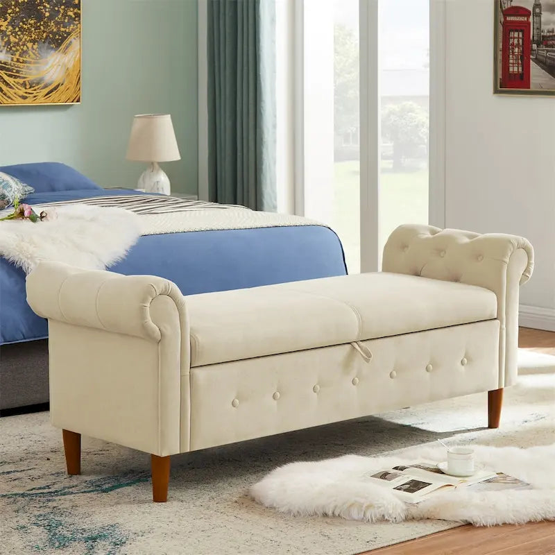 Panca contenitore per camera da letto, fondo letto, con braccioli arrotolati, in tessuto di lino, divanetto, panca lunga