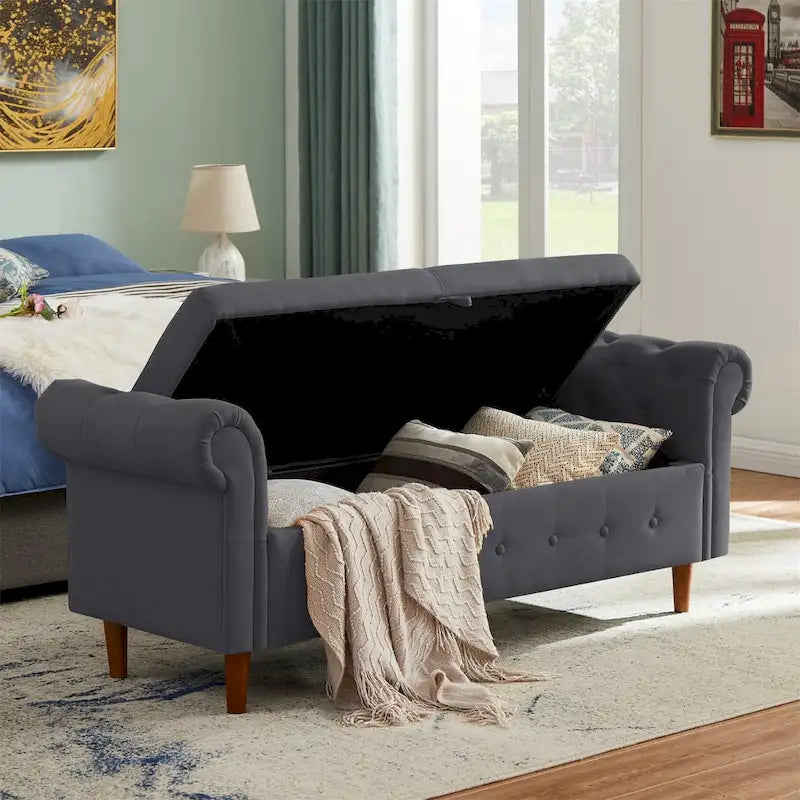 Panca contenitore per camera da letto, fondo letto, con braccioli arrotolati, in tessuto di lino, divanetto, panca lunga