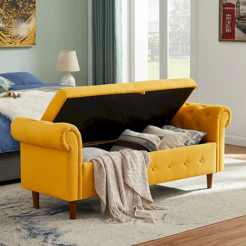 Panca contenitore per camera da letto, fondo letto, con braccioli arrotolati, in tessuto di lino, divanetto, panca lunga
