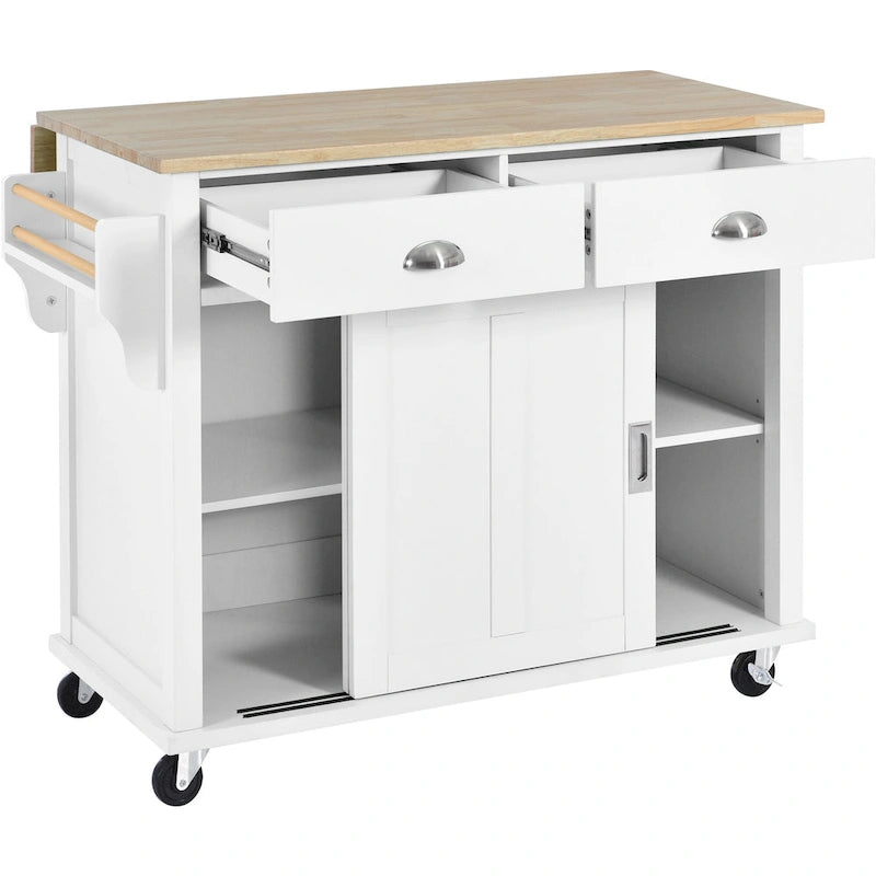 Carrello da Cucina con Piano d'Appoggio a Ribalta in Legno di Gomma, Altezza Regolabile e Ante Scorrevoli a Scomparsa in Stile Barn