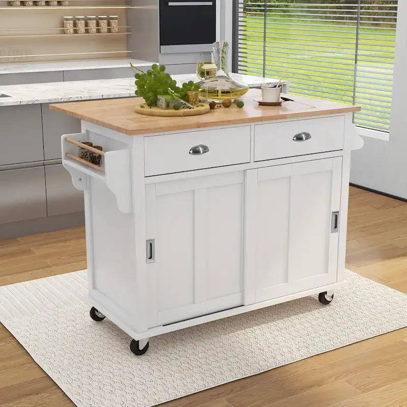Carrello da Cucina con Piano d'Appoggio a Ribalta in Legno di Gomma, Altezza Regolabile e Ante Scorrevoli a Scomparsa in Stile Barn