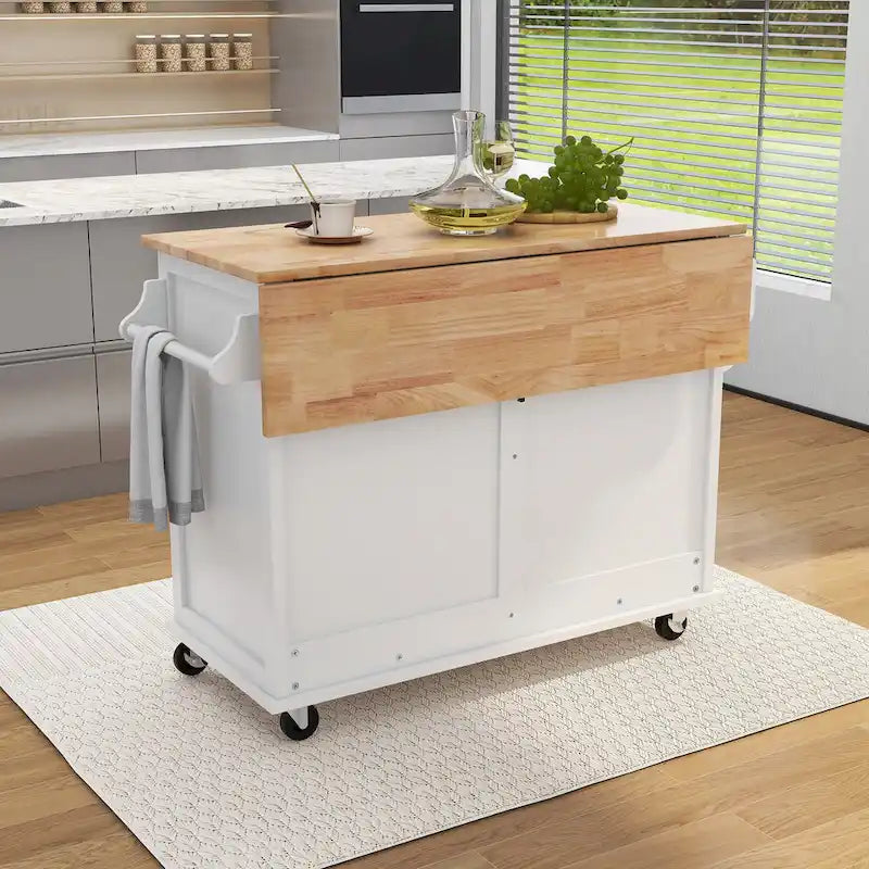 Carrello da Cucina con Piano d'Appoggio a Ribalta in Legno di Gomma, Altezza Regolabile e Ante Scorrevoli a Scomparsa in Stile Barn