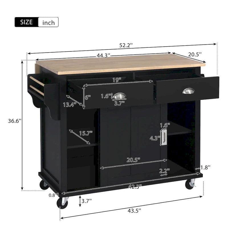Carrello da Cucina con Piano d'Appoggio a Ribalta in Legno di Gomma, Altezza Regolabile e Ante Scorrevoli a Scomparsa in Stile Barn