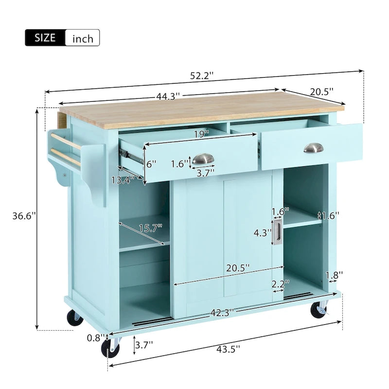 Carrello da Cucina con Piano d'Appoggio a Ribalta in Legno di Gomma, Altezza Regolabile e Ante Scorrevoli a Scomparsa in Stile Barn