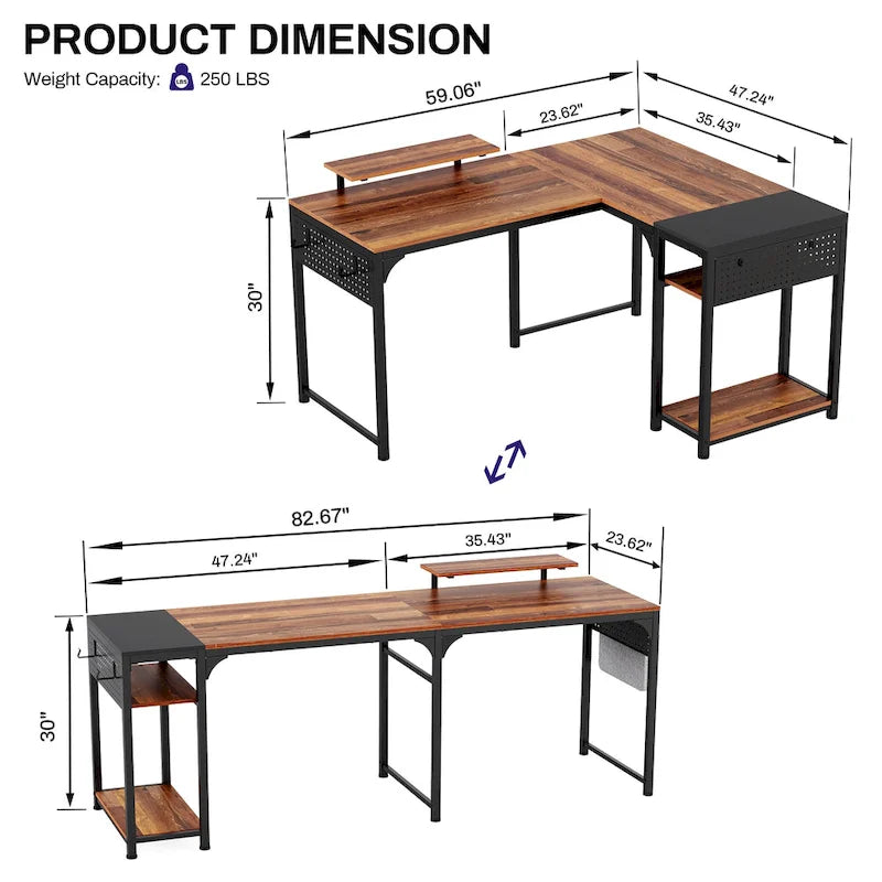 Scrivania angolare da computer a forma di L da 60", per casa, ufficio, studio, con supporto per monitor e ripiano portaoggetti