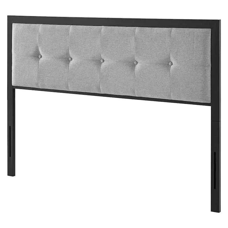 Testiera a bottone trapuntata in metallo di dimensioni King Waldorf Modern, in tessuto grigio chiaro