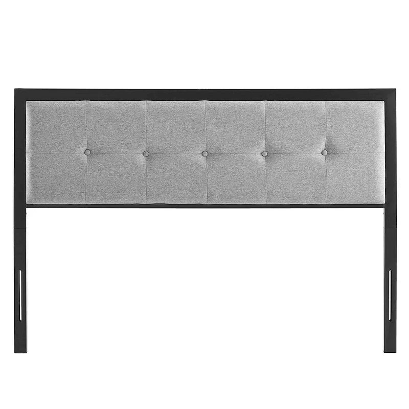 Testiera a bottone trapuntata in metallo di dimensioni King Waldorf Modern, in tessuto grigio chiaro
