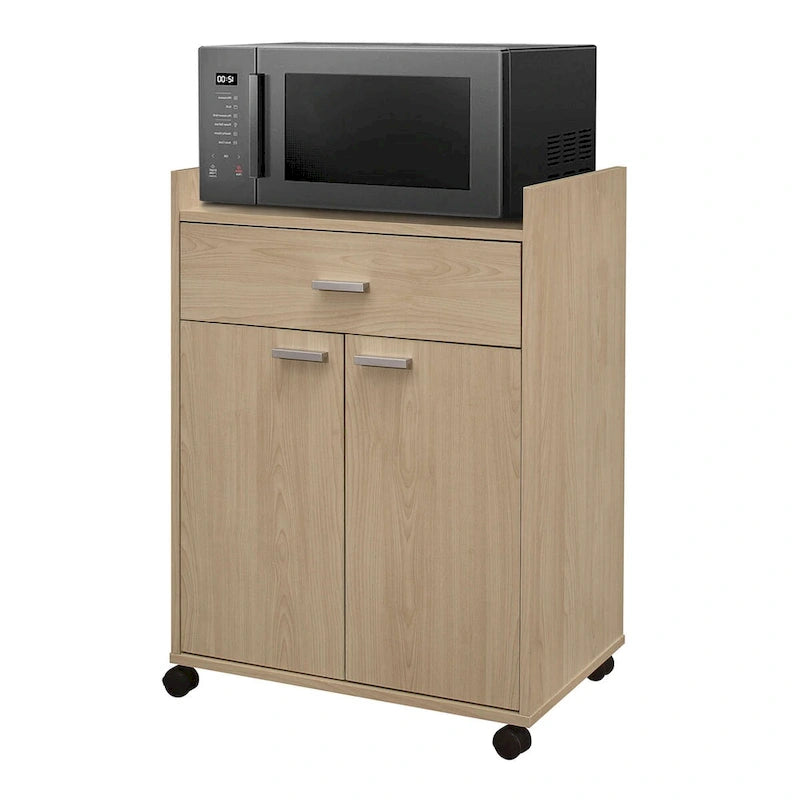 Carrello da Cucina per Microonde, Mobile Contenitore con 1 Cassetto e 2 Ante, Faggio
