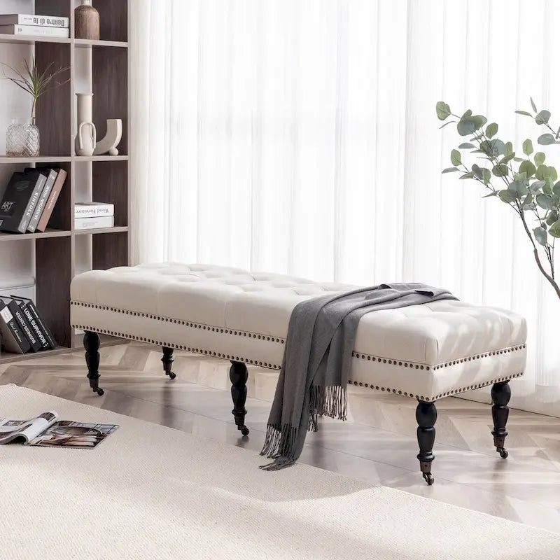   Juna Fabric Accent Bench with Rubberwood Legs and Wheels