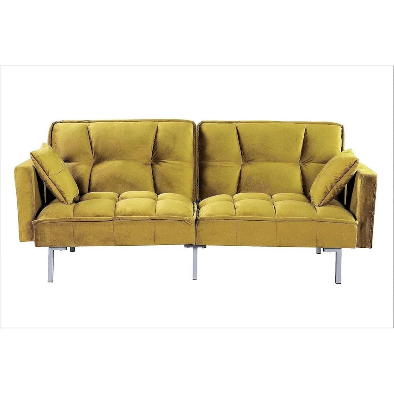 Divano letto convertibile, divano estraibile in velluto, design trapuntato in stile medievale, gambe in metallo.