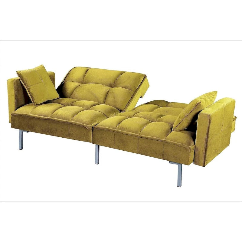Divano letto convertibile, divano estraibile in velluto, design trapuntato in stile medievale, gambe in metallo.