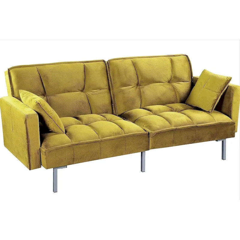 Divano letto convertibile, divano estraibile in velluto, design trapuntato in stile medievale, gambe in metallo.
