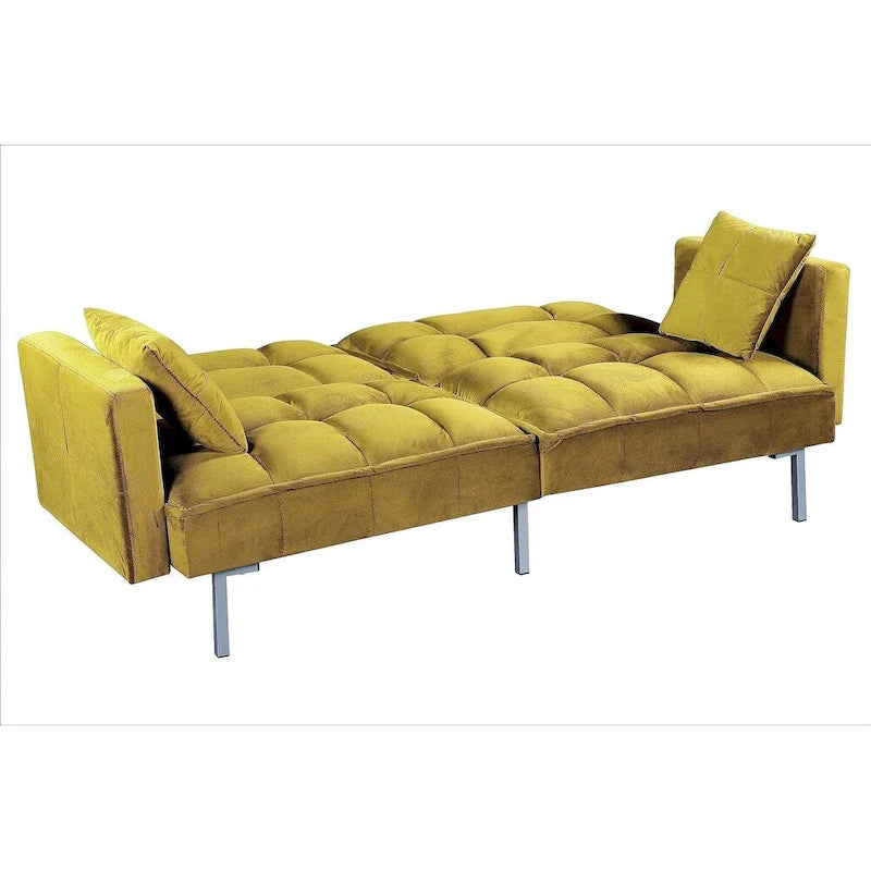 Divano letto convertibile, divano estraibile in velluto, design trapuntato in stile medievale, gambe in metallo.