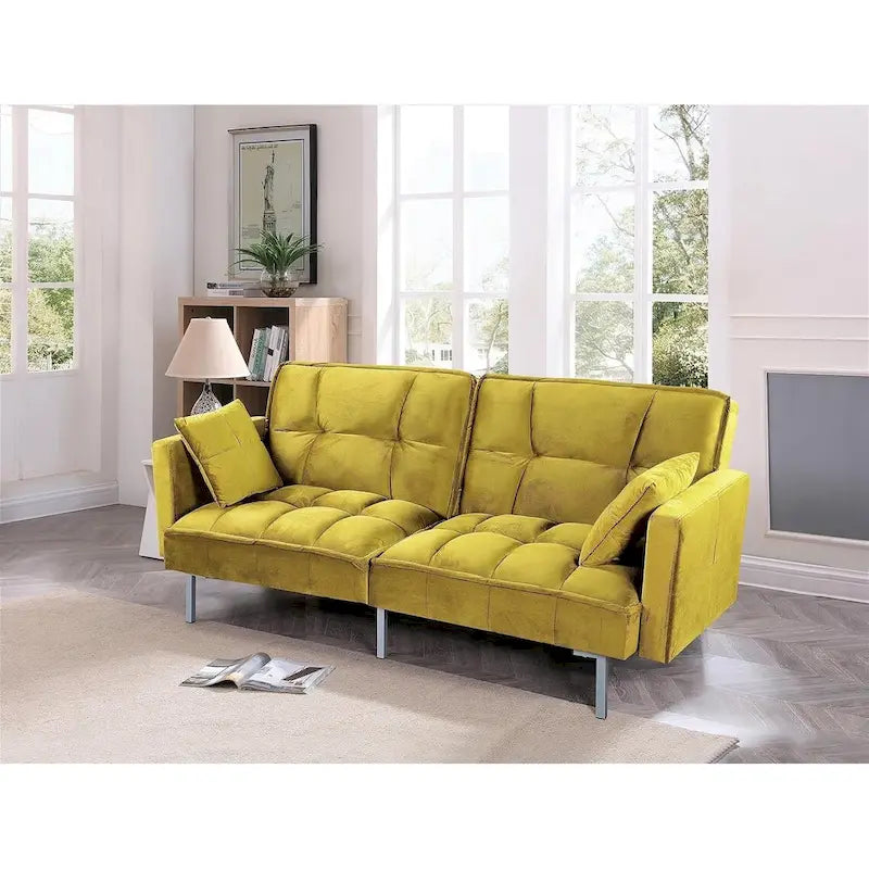 Divano letto convertibile, divano estraibile in velluto, design trapuntato in stile medievale, gambe in metallo.