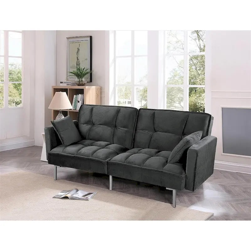 Divano letto convertibile, divano estraibile in velluto, design trapuntato in stile medievale, gambe in metallo.
