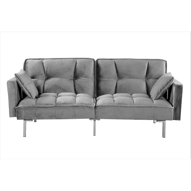 Divano letto convertibile, divano estraibile in velluto, design trapuntato in stile medievale, gambe in metallo.