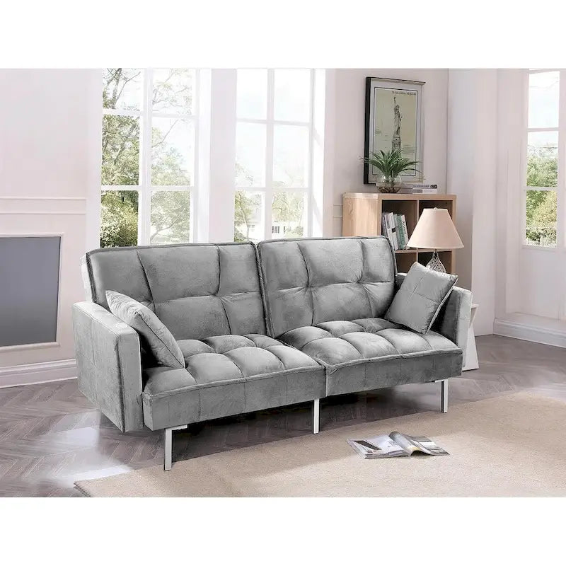 Divano letto convertibile, divano estraibile in velluto, design trapuntato in stile medievale, gambe in metallo.
