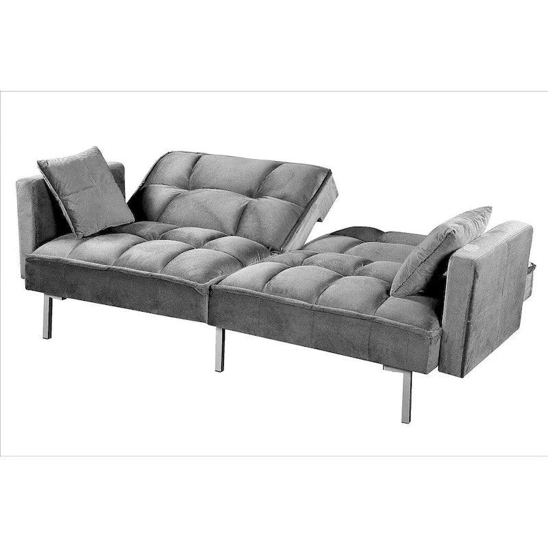 Divano letto convertibile, divano estraibile in velluto, design trapuntato in stile medievale, gambe in metallo.