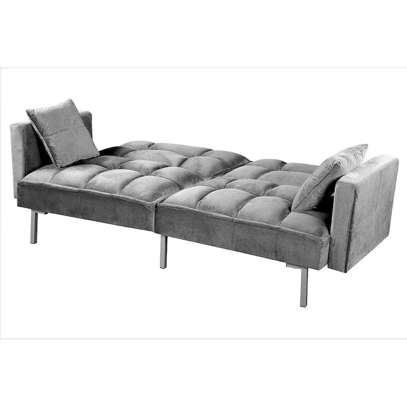 Divano letto convertibile, divano estraibile in velluto, design trapuntato in stile medievale, gambe in metallo.