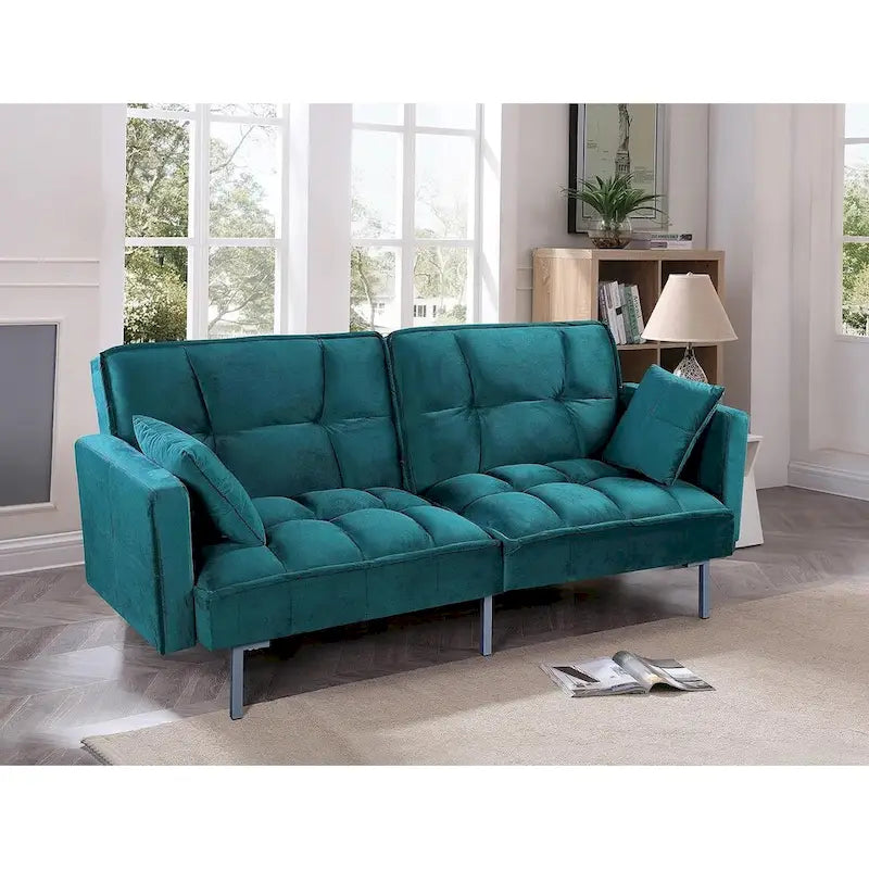 Divano letto convertibile, divano estraibile in velluto, design trapuntato in stile medievale, gambe in metallo.