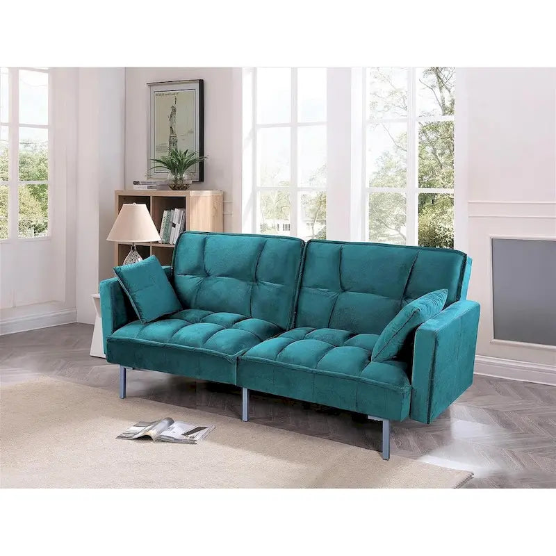 Divano letto convertibile, divano estraibile in velluto, design trapuntato in stile medievale, gambe in metallo.